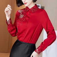 red satin silk shirt womens 2021 spring silk embroidered hollow long sleeved top woman shirts button vintage chiffon