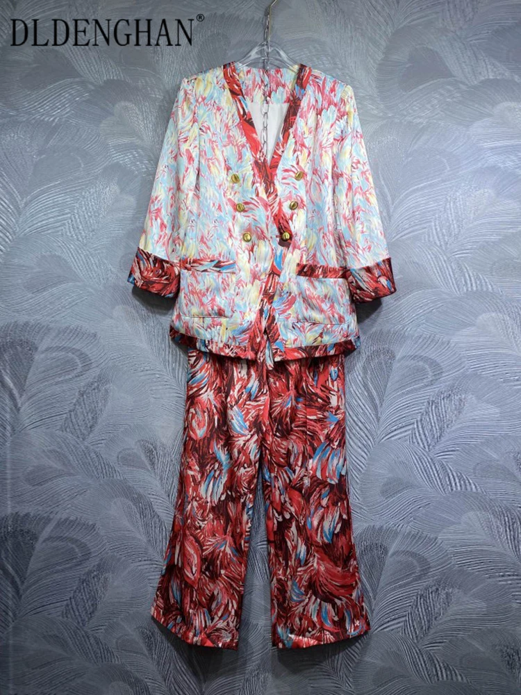 DLDENGHAN осенний костюм с принтом женский V-образный вырез фото + длинные брюки