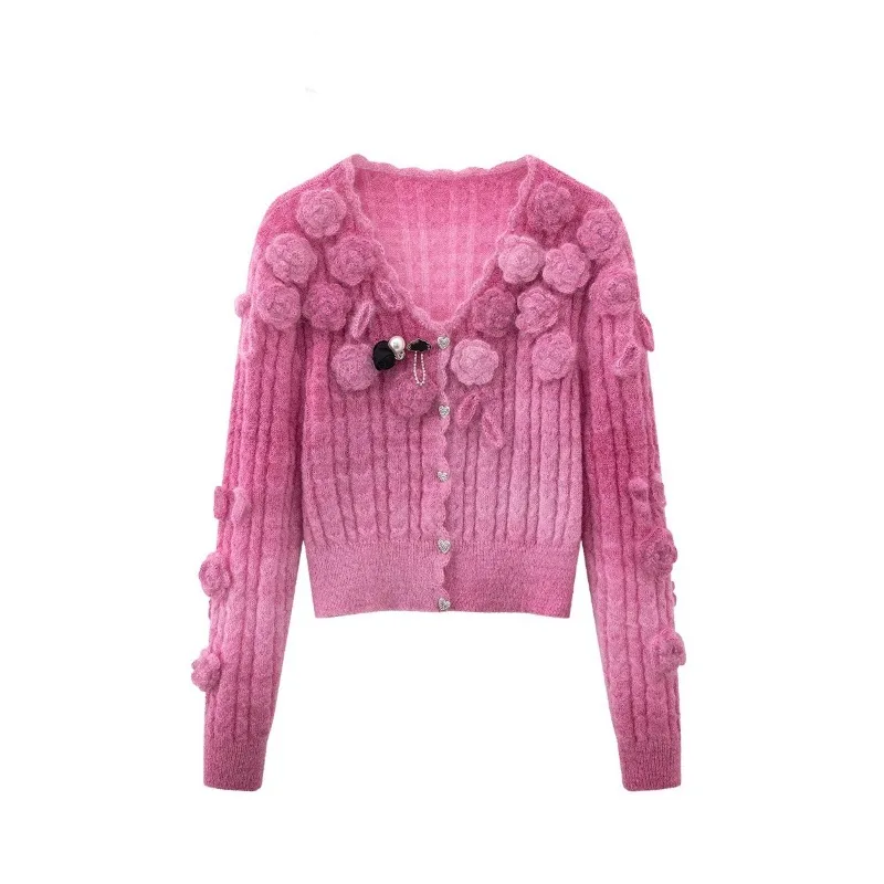 Милый розовый мягкий кардиган женский вязаный свитер с 3D цветочным принтом и