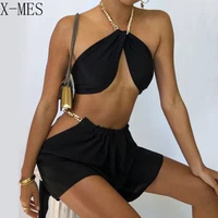 summer new women short dress suit metal chain gold color cropped navel sling sexy slim fit top korean fashion female clothing
