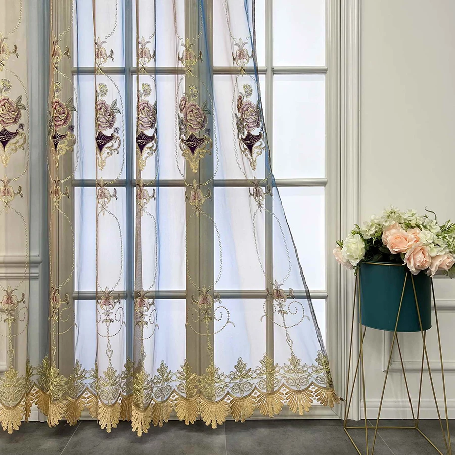 

Luxury European Beige Tulle Curtains for Living Room Bedroom Blue Gradient Elegant Flower Velvet Embroidery Drapes Custom Made
