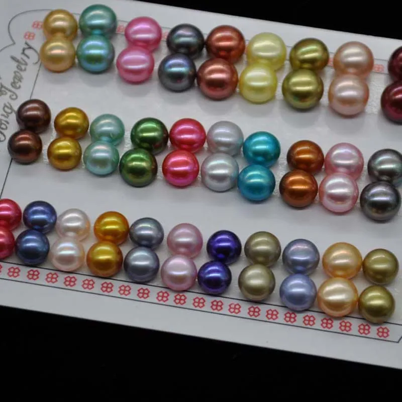 wholesale bright multi-colors half drilled real pearl flat button beads 7-9.5mm
