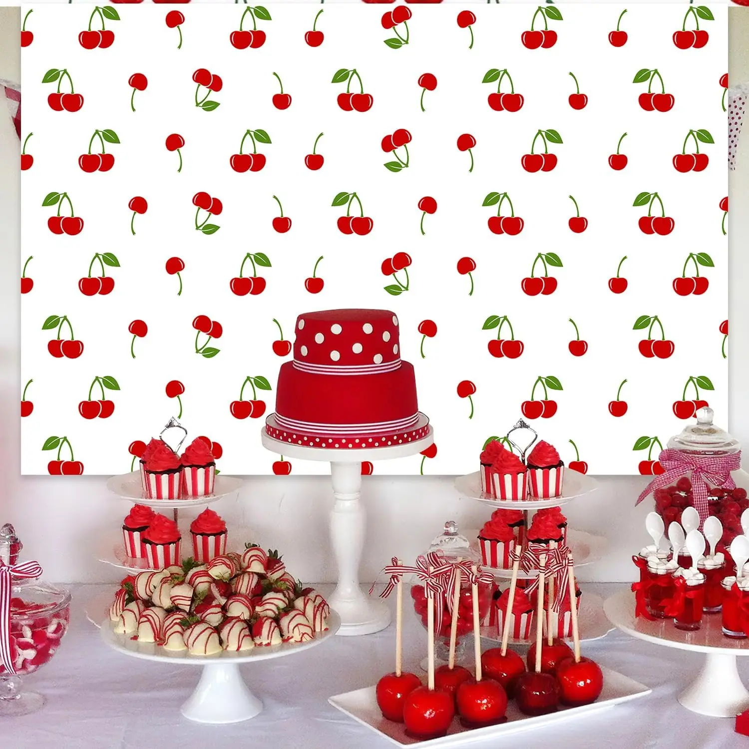 Фон для фотосъемки с изображением белых вишневых фруктов и мультяшных героев 5 х3