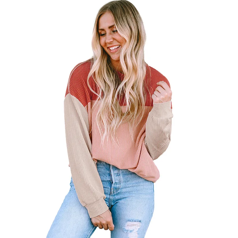 Новинка 2024 комбинированный цветной Топ с длинным рукавом Женская Повседневная