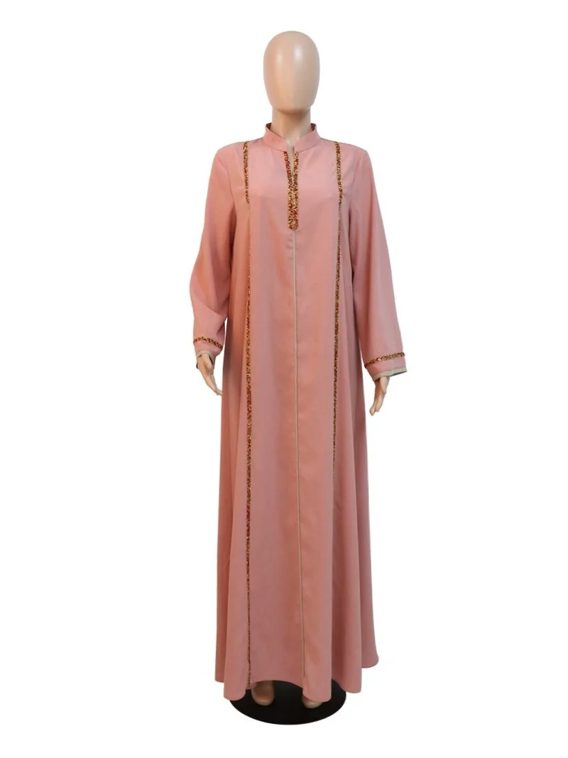 Morocco Abaya Women Dress Diamond Tape Trim Maxi Dress Autumn 2022 Stand Collar Long Sleeve Loose Oman Turkey Dubai Muslim Robe