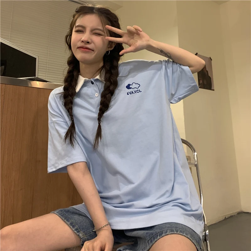 

Vintage Lazy Cloud Embroidered Loose Tshirt Women's T-shirts Tops Japanese Ulzzang Female Korean Harajuku Clothes For Women
