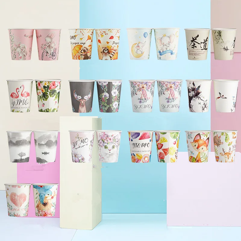 

100pcs Cartoon disposable coffee drinking paper cups 250ml creative water household beer milk tea juice beverage fruit cup