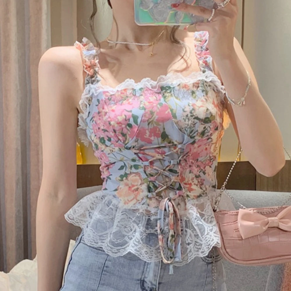

Lace Patchwork Corset Women's Vintage Floral Party Tops Bodycon Bustier Elegant Top Vest Back Cross Lace-Up Tank Camis Femme