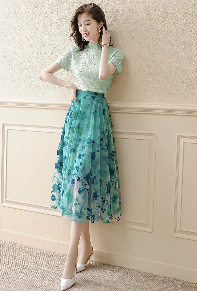 

2023 spring and summer women's clothing fashion new Pleated T-shirt with Mesh Skirt Suit 0511