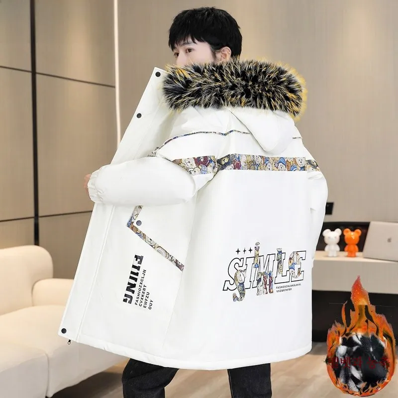 Hengyuanxiang Youth Winter Loose Cotton-padded jacket Outerwear Men's Mid-Length Fashion Hood Fleece-lined Thickened Parka Fa...