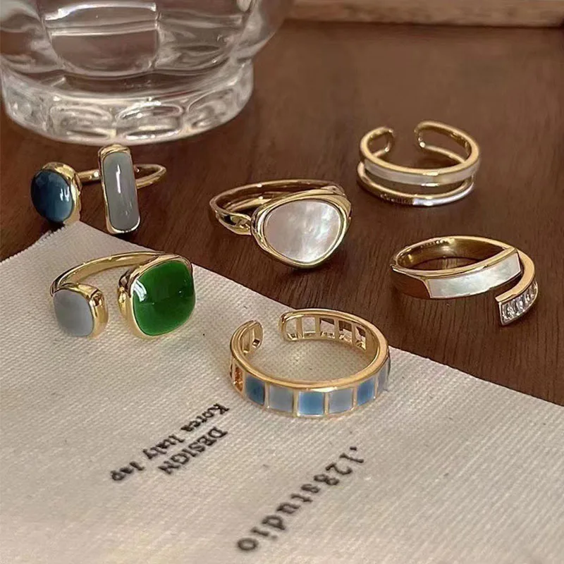 

925 Sterling Silver Shell Blue Green Stone Rings for Women Simple Trendy Retro Open Anillos for Girls Party Birthday Accessories