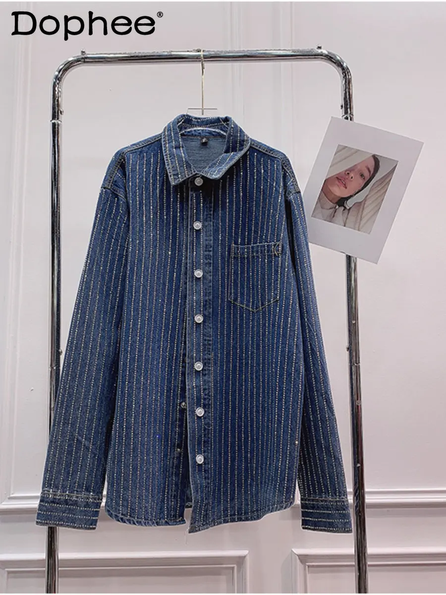

High-end Heavy Industry Striped Rhinestone Denim Blouse Coat Women Polo Collar Long Sleeve Button Shirt 2022 Autumn New Blusas