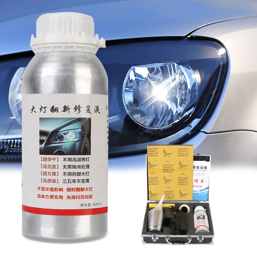 

Car Headlight Renovation Refurbishmen 6pcs Sanding Paper Scratch Polishing Coat Lamp Restoration Agent 600ml Liquid