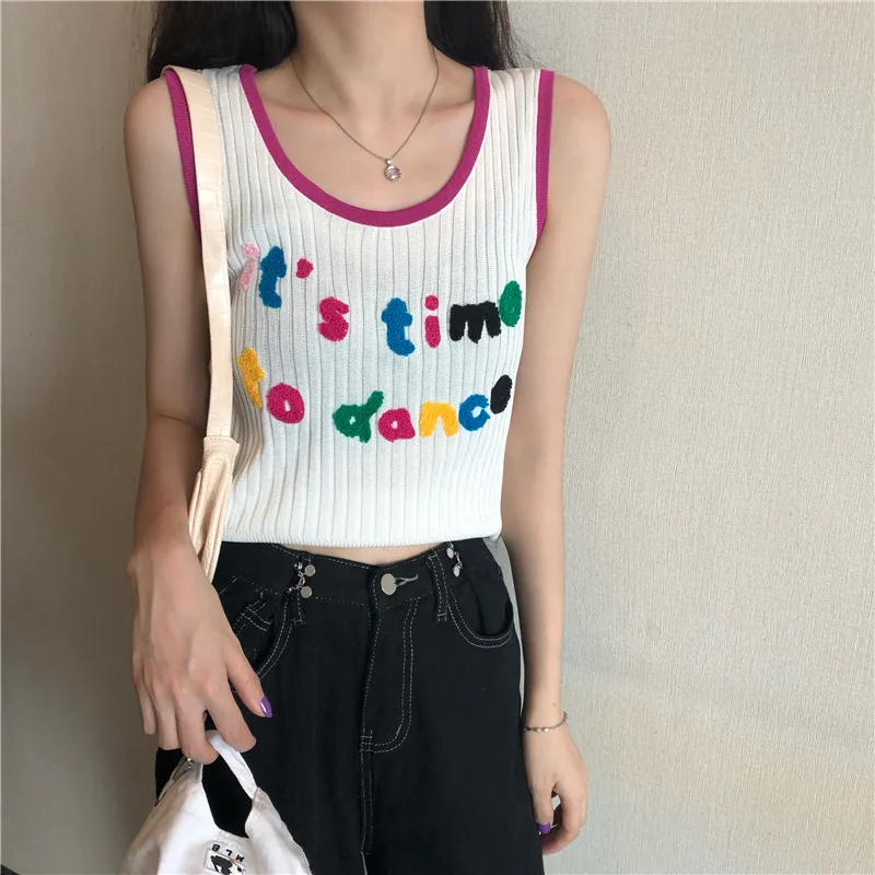 

2021 Summer Sleeveless O Neck Off Shoulder Sexy Tank Tops Women Knit Letter Casual White Tanks 2000s Fashion Kawaii Y2K Crop Top