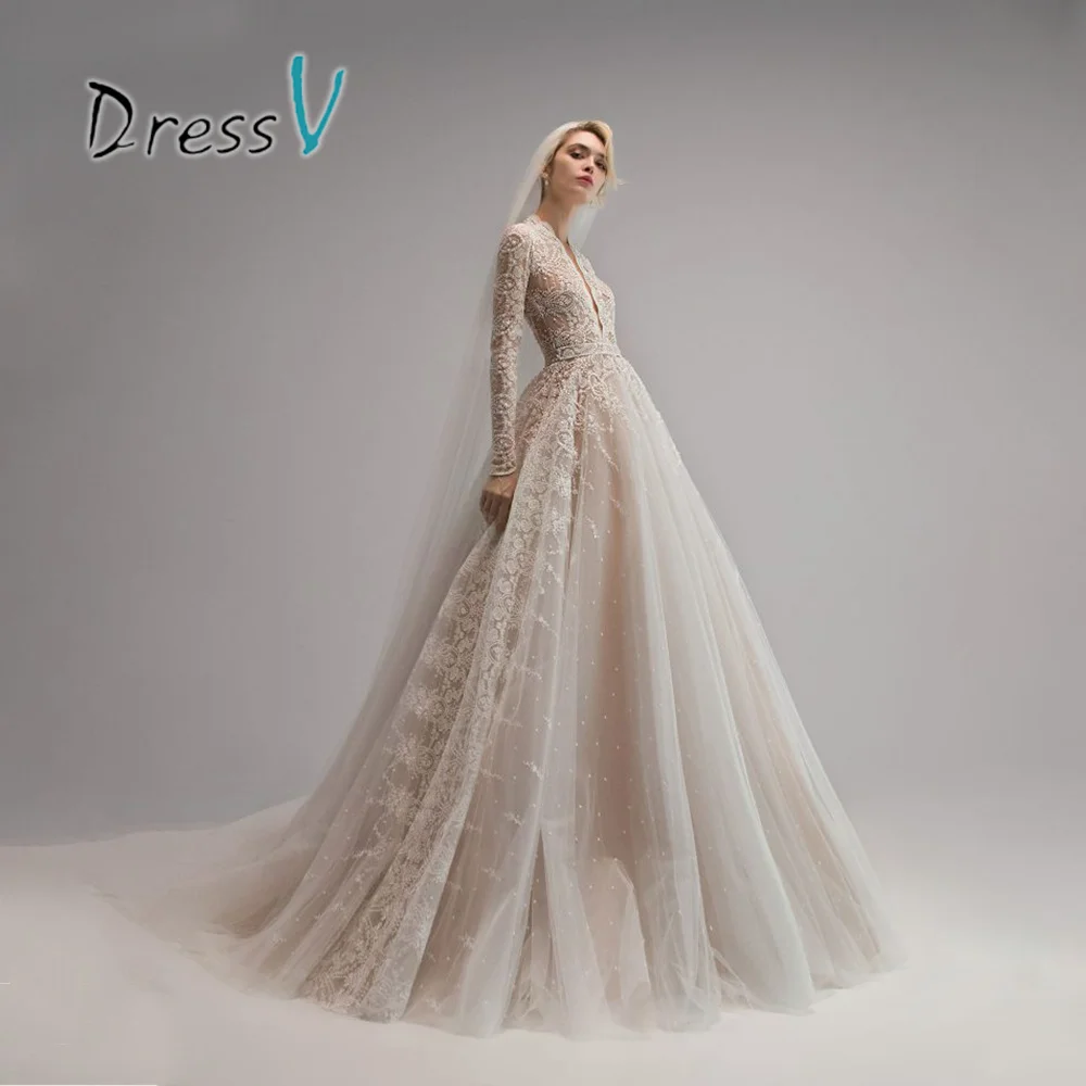 

Dressv Sexy Ivory White Long Sleeve Deep V Slim Fit Lace Big Swing Pleated Floor mopping Bride Outdoor Church Wedding Dress