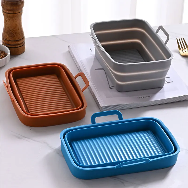 

Portable Foldable Air Fryer Silicone Tray Dish Dual Handles Baking Pan Oven Pot Plate Liner Air Fryer Accessories For Ninja