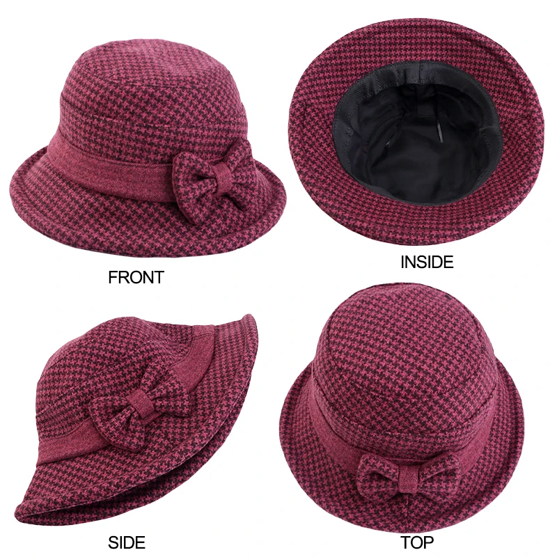 Новая женская осенне-зимняя панама с бантом утолщенная шерстяная клетчатая