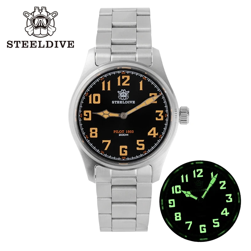 

Steeldive 39mm Pilot Watch Men Ronda762 Quartz Sapphire Crystal 200M Dive Brand Vintage Military Watch Alarm Clock Reloj Hombre