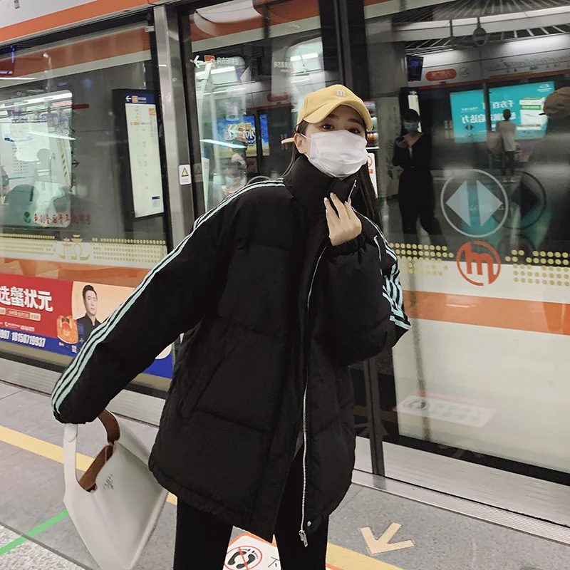 Three Bars Down Cotton Coat Women's 2022 Winter Thickened Warm Stand Collar Versatile Loose Student Cotton Coat Bread Coat