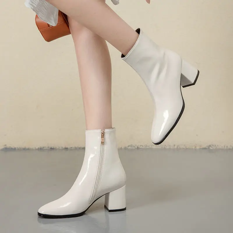 

Autumn Women Fashion Square High Heels Zapatos De Mujer White Patent Leather Shoes Ankle Boots Black Woman Zipperrt64