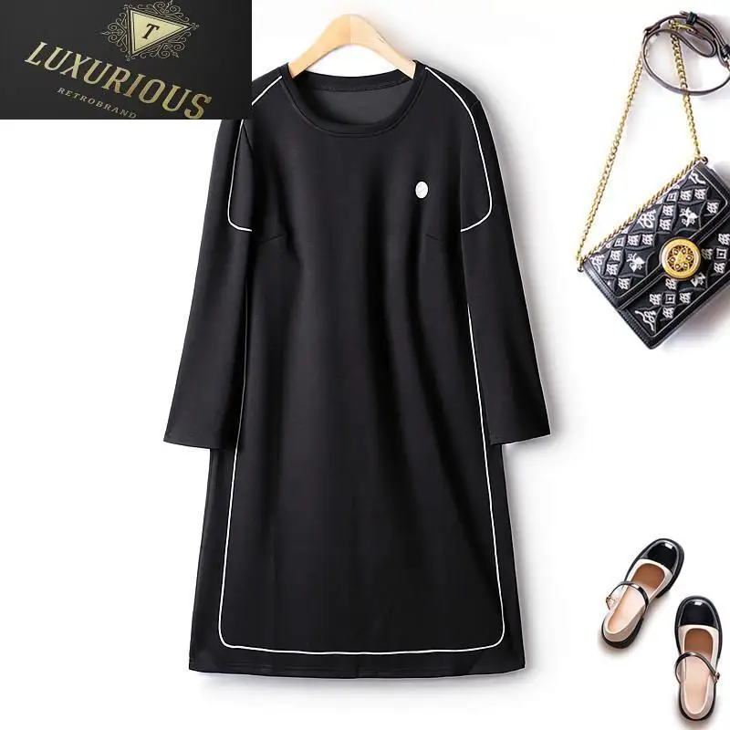 

Elegant Casual Women's Dresses Autumn 2024 New Embroidered Topline Drawing Straight Long Sleeves Air Cotton Korean Female Dress