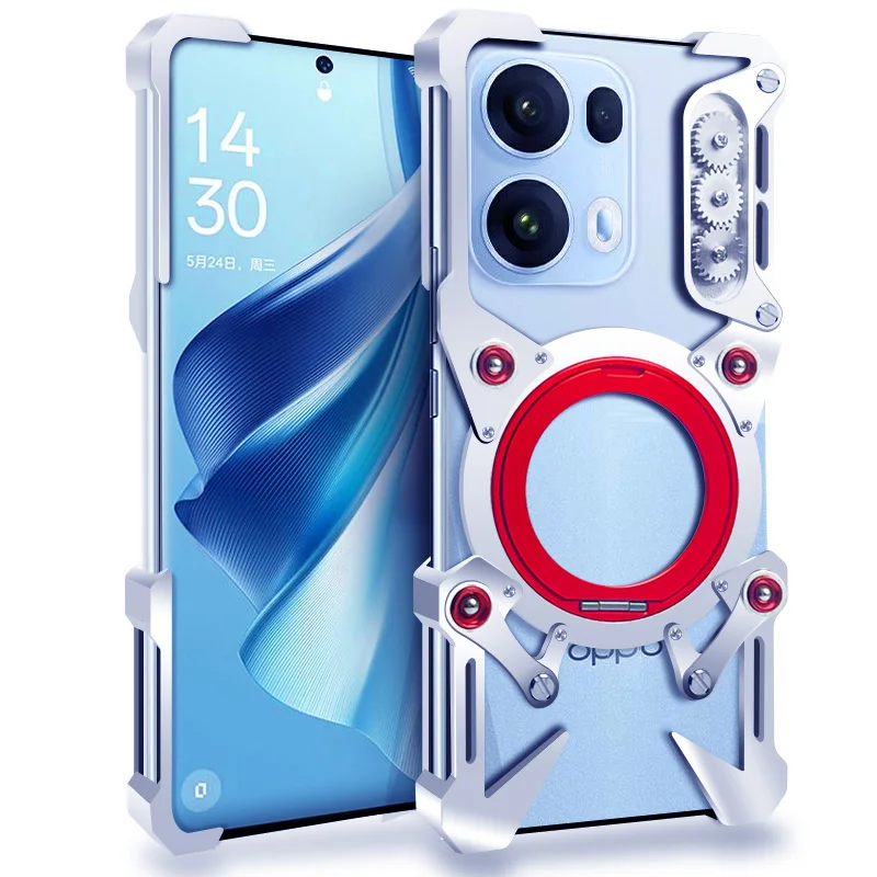 Фото Роскошный металлический алюминиевый бампер-накладка для телефонов Oppo Reno 15, 15C, 14, 12, 11, 10, 9, 8 Pro+ с механическим дизайном и чисто ручной росписью в виде черепа №2