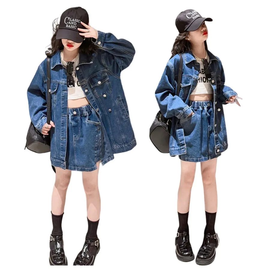

Джинсовая куртка и юбка для девочек-подростков, повседневный комплект одежды из джинсовой ткани и юбки, уличная одежда для весны и лета