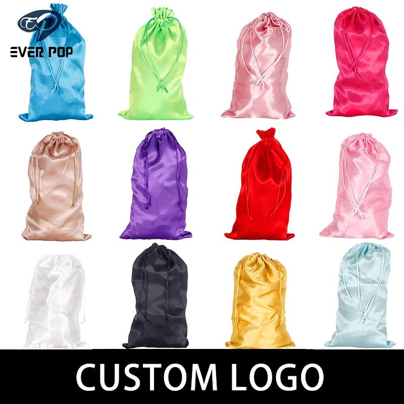 

17 Color Stock Blank Satin Silk Wig Bags For Gift Hair Extension Packing Drawstring Pouch Accept Virgin Hair Bags