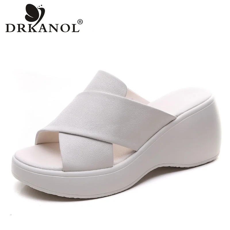 

DRKANOL Concise Women Slippers Summer Sandals Outside Fashion Genuine Leather Open Toe High Heel Wedges Slippers Ladies Slides