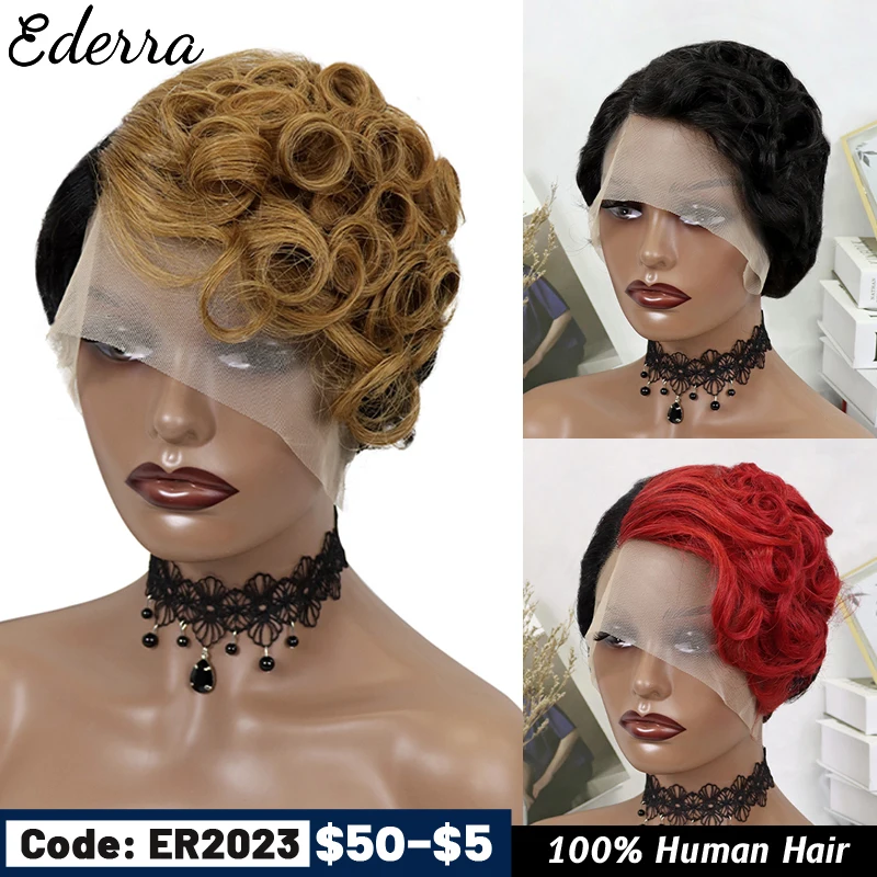 

Pixie Cut Wig Short Curly Human Hair Wigs Cheap Human Hair Wig T Part Transparent Lace Wig For Women Human Hair Pre Plucked