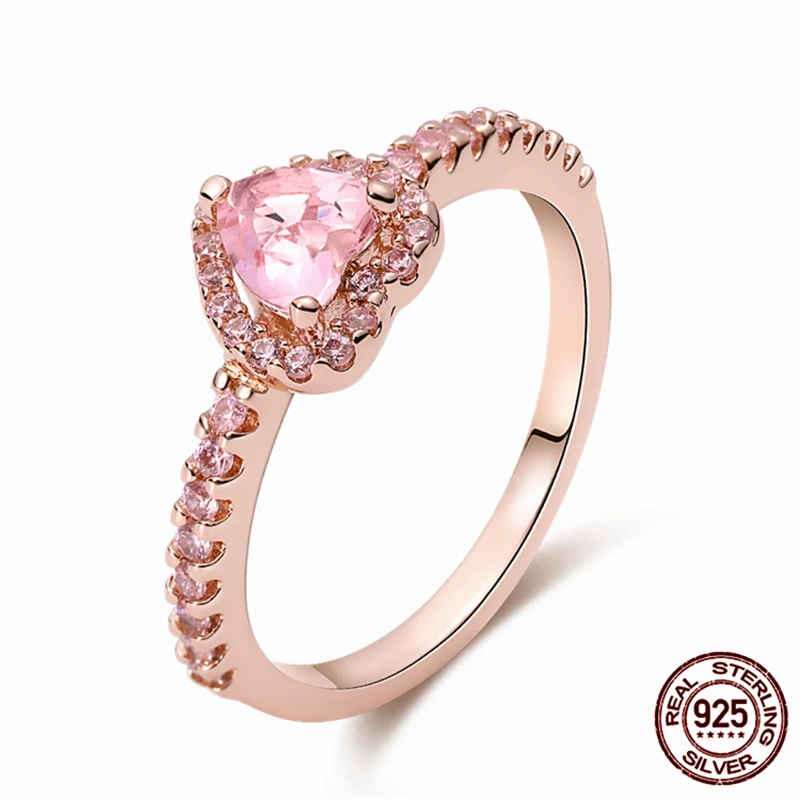 

2022 New Hot Sale Silver Color Rose Gold Sparkling Pink Heart Ring For Women Original Silver Color Rings Brand Jewelry Gift