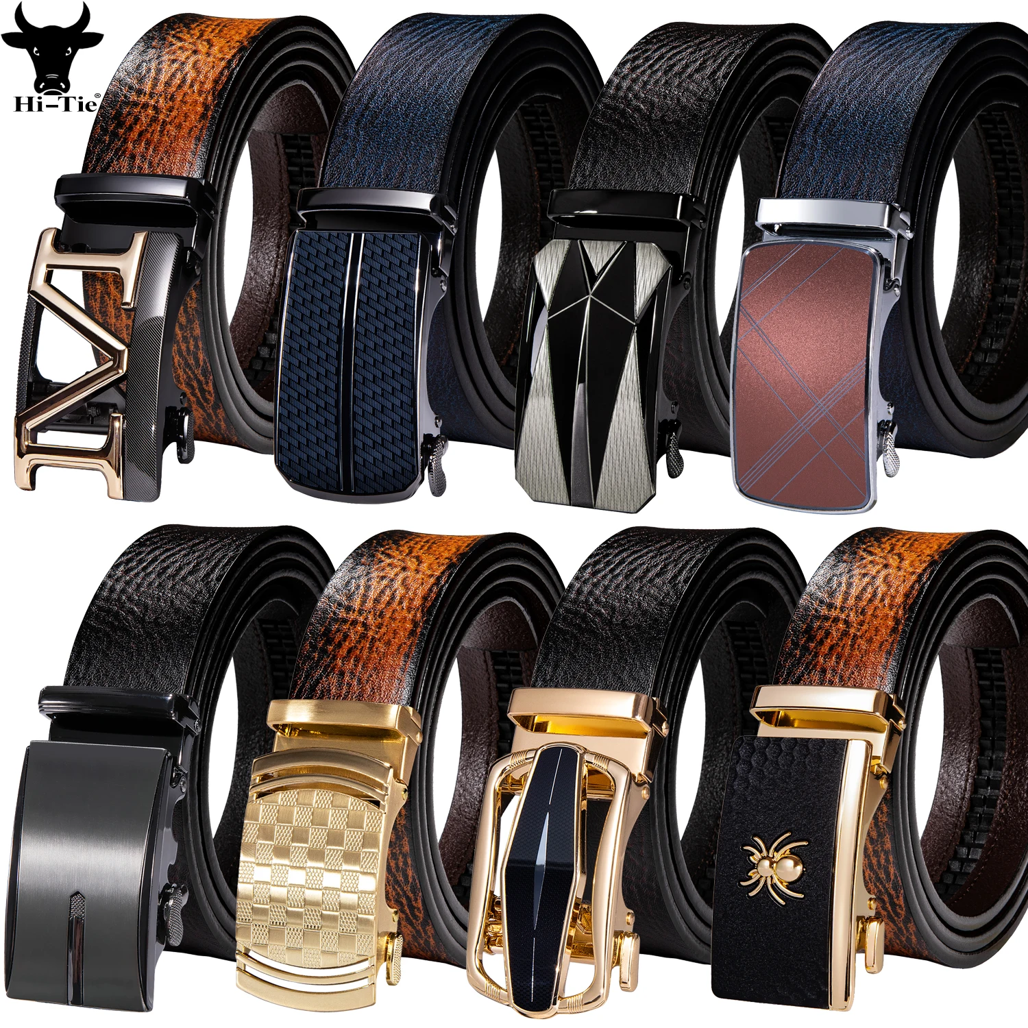 Hi-Tie Luxury Brown Blue Tan Mens Belts Genuine Leather Straps Automatic Buckles Ratchet Waistband Dress Jeans Belt for Men