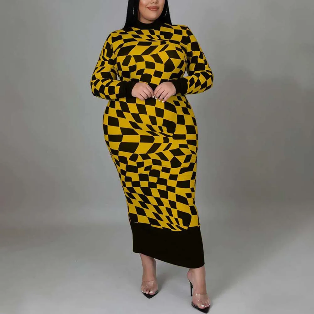 

4XL 5XL Plus Size Dresses for Women Geometric Printed Full Sleeve Bodycon High Waisted Elegant Oversized Birthday Party Dress