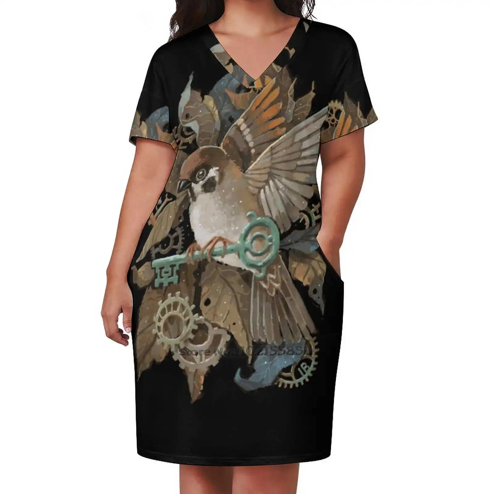 Платье свободное с карманами и V-образным вырезом, с коротким рукавом