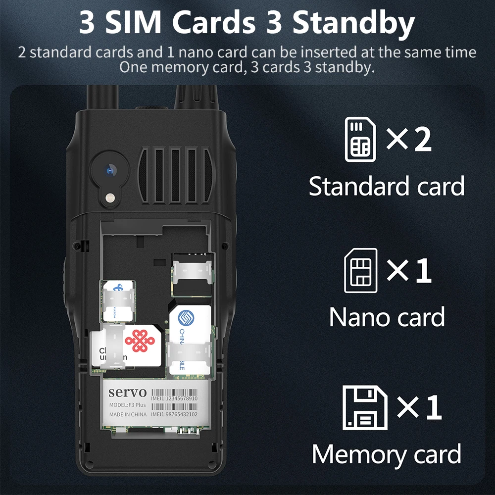 SERVO F3 Plus 3 SIM Card Walkie Talkie Mobile Phone UHF 400-470MHz Power Bank Speed Dial Auto Record Call Magic Voice Cellphone