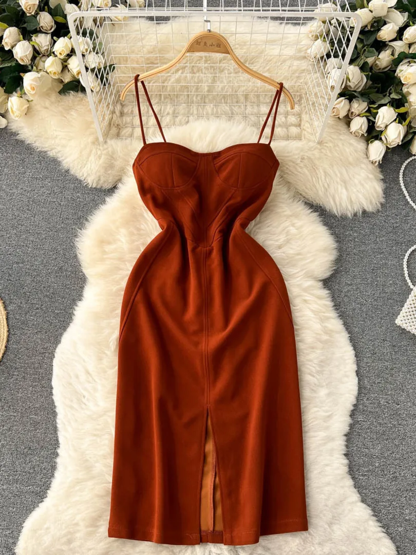 

Summer Women Sexy Party Dress Elegant Spaghetti Strap Sleeveless Slim High Waist Front Split Evening Club Dress Fashion Outfits