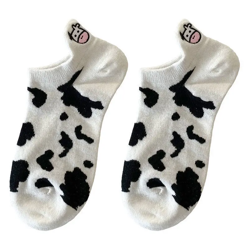 Black and white embroidery socks female ins tide socks shallow mouth summer cartoon cow cute striped boat socks