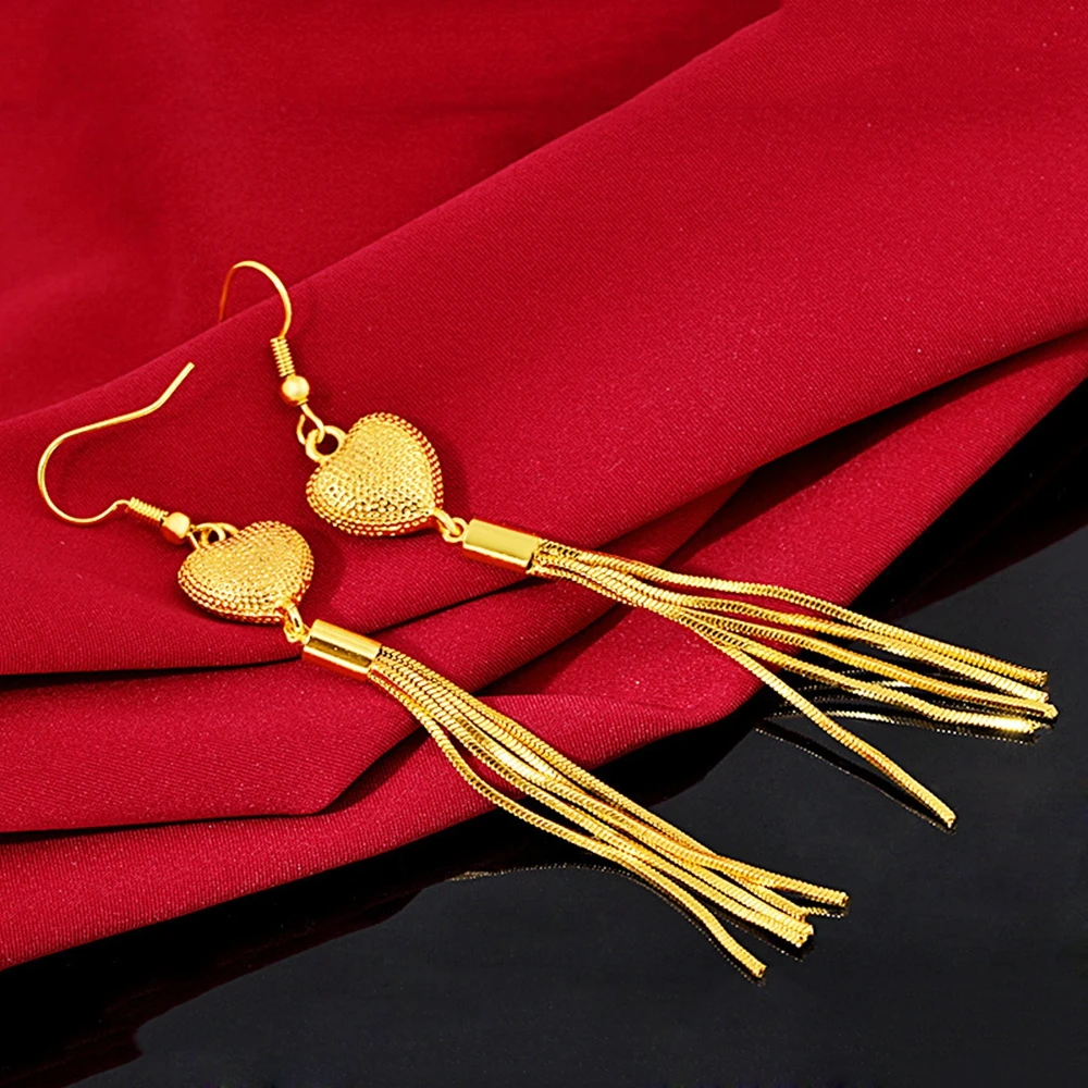 

Women Dangle Earrings Heart Long Tassel Real 18k Yellow Gold Filled Fashion Lady Classic Jewelry Gift