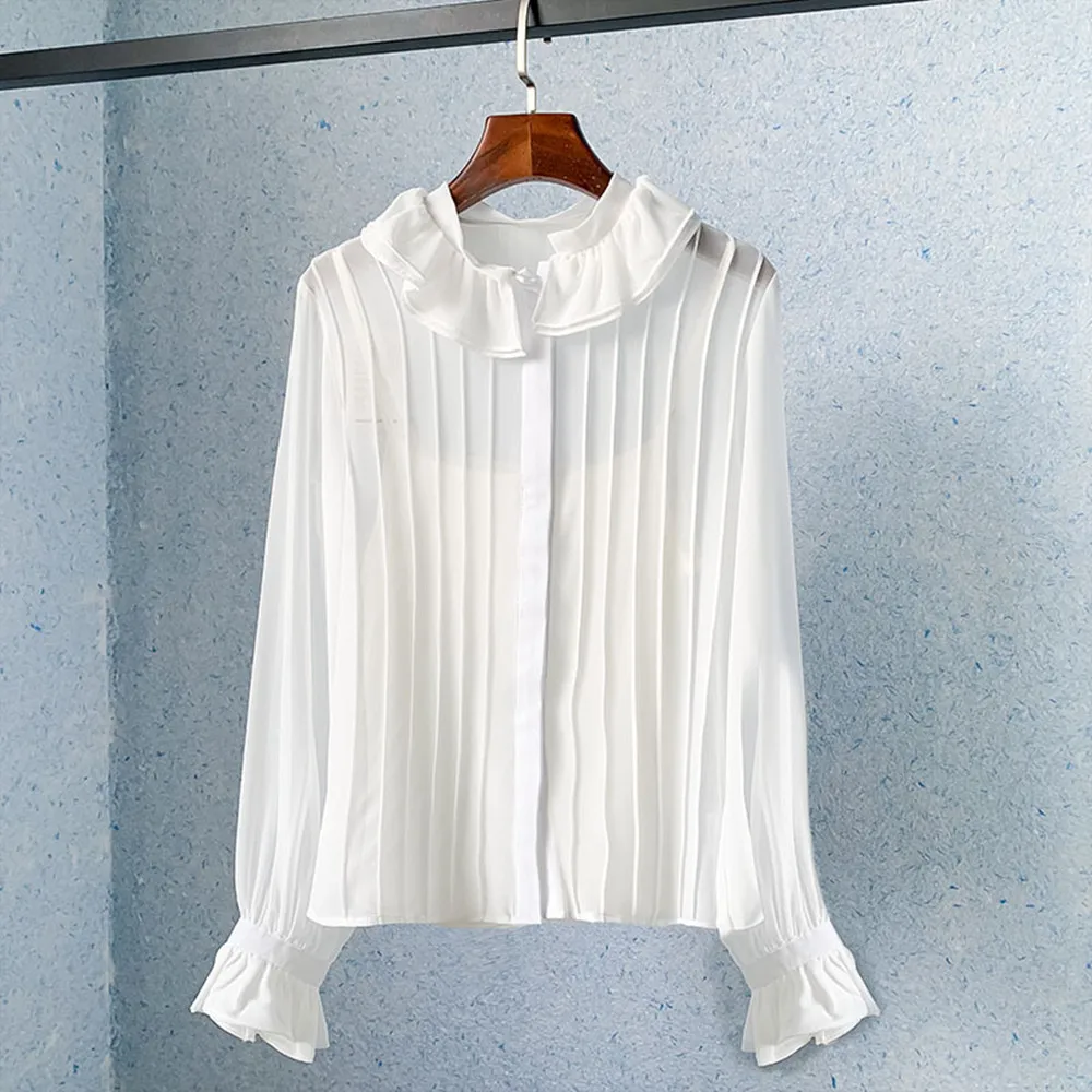 Spring France Style OL Ruffles Shirts New Designer Women's High Quality White Chiffon Blouses Top F181