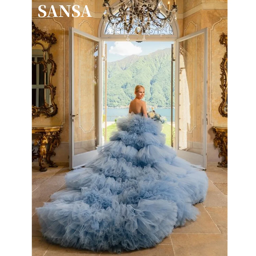 

Sansa Luxury Tulle Sweep Train فساتين السهرة Blue Multilayer Side Split Vestidos De Noche Romantic Puffy Long Tail Prom Dresses