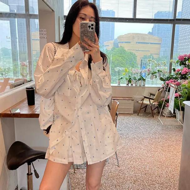 Комплект рубашки в горошек на бретелях с длинным рукавом