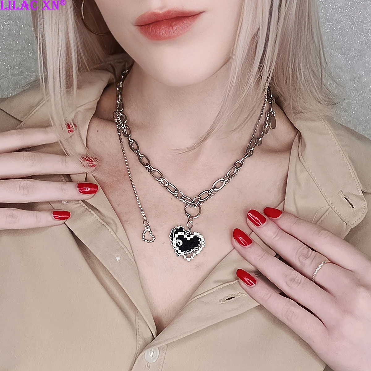 Y2K Stainless Steel Link Chain Heart Pendant Necklace for Women Punk Kpop Rhinestone Choker Necklaces Party Fashion Jewelry