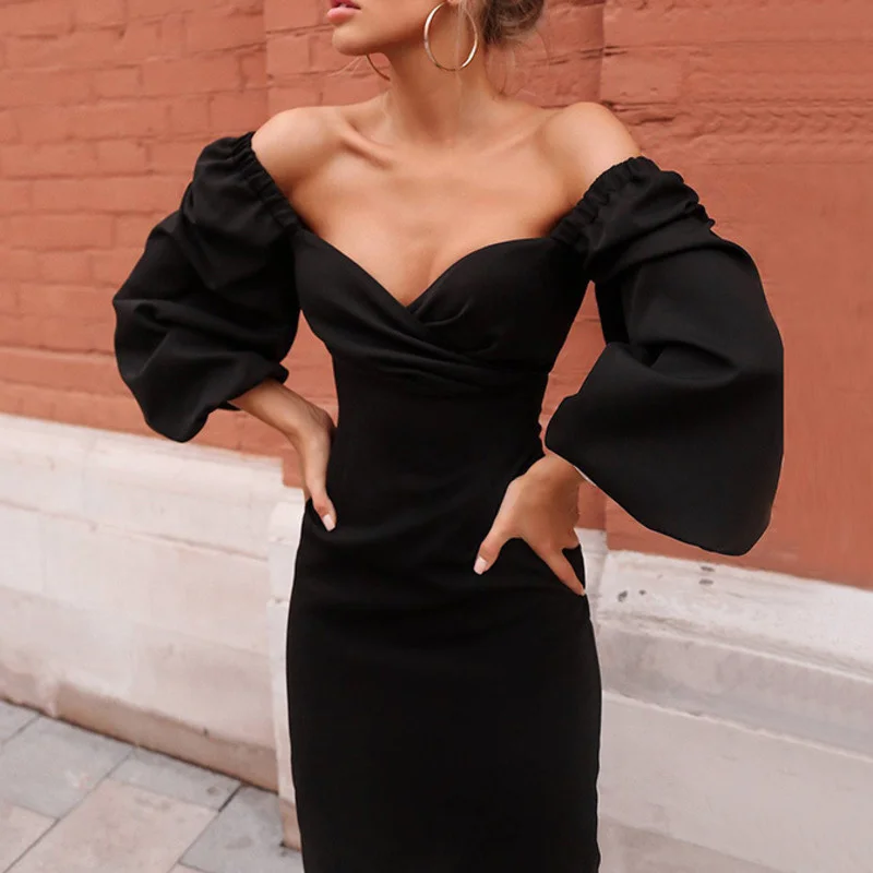 

Sexy Long Slvee Dress Off Shoulder Bodycon Women Autumn Winter Club Party Night Red Black Blue Chic Elegant Office Lady Dresses