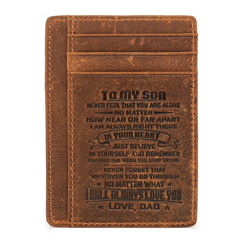 Engraved Genuine Leather Front Pocket Wallet for Man Gifts for Son from Dad RFID Blocking Husband Gift Mini Card Wallet