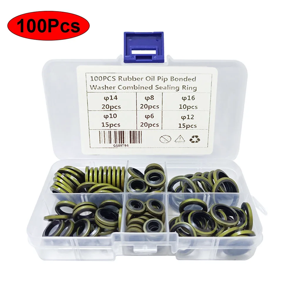 

100pcs Bonded Washer Metal Rubber Oil Drain Plug Gasket Fit Combined Sealing Ring Assortment Kits