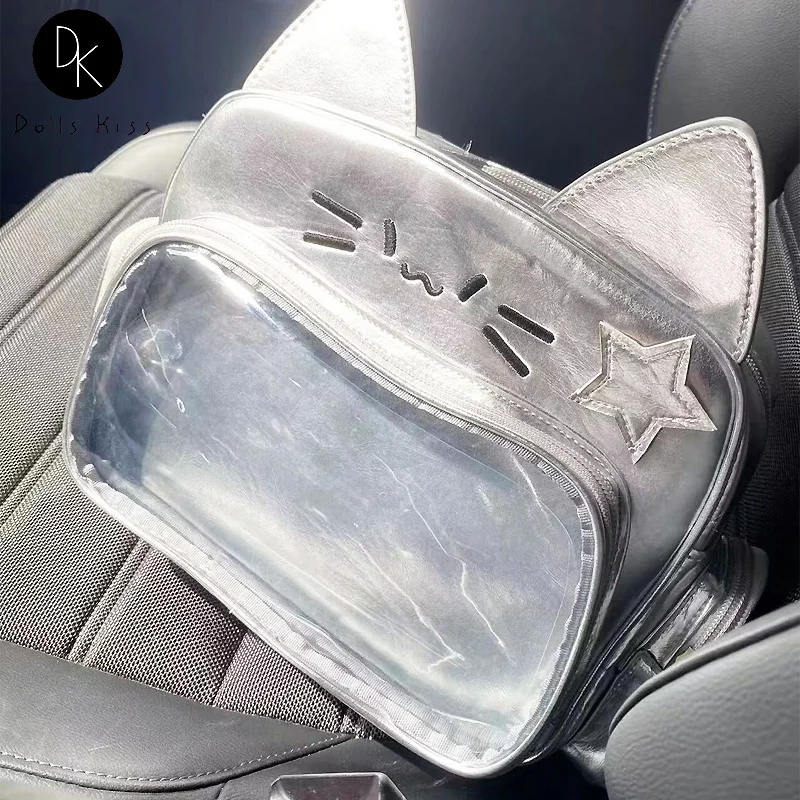 

Kawaii Cat Ear Ita Backpack Women Large Capacity Clear Window Laptop Sliver School Bag Cute Transparent Pocket Shoulder Ita Bag