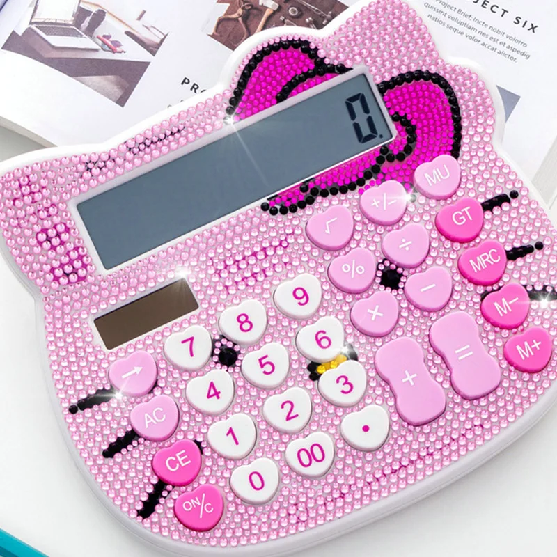 

Hello Kitty Cartoon Stick Diamond Calculator Sanrio Anime Kt Cat Crystal Studded Solar Bow Pink Counter Office School Supply