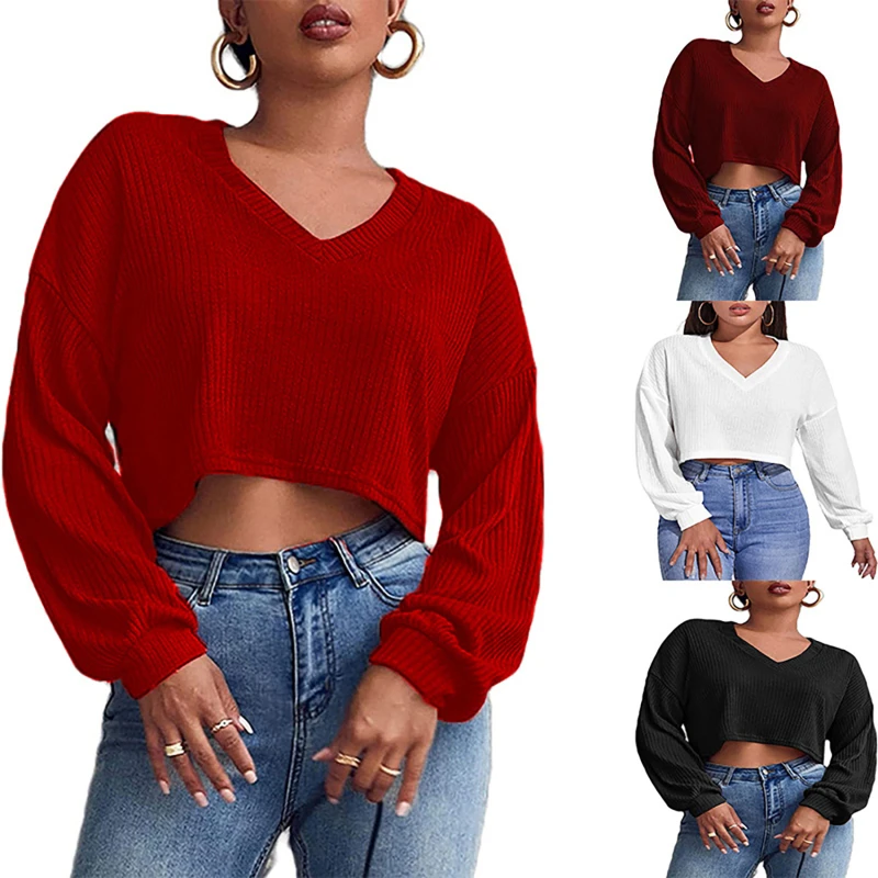 

Spring Long Sleeved Women's T-shirt V-neck Knitted Autumn V-neck Knitting Leisure Exposed Navel Solid Loose Lady Clothe