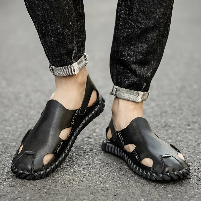 Fashion Beach Shoes Handmade Sandals Men's Breathable Flats Home Non-slip Leisure Slippers Plus Size 38-48