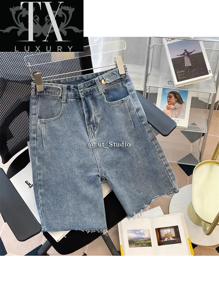 

2022 Summer Women High Waist Blue Wide Leg Denim Shorts Female Casual Fashion Solid Streetwear Stright Jeans Five Points Trouser